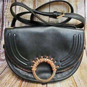 Sam Edelman Rio Calfskin Crossbody Bag Black/Orange Saddle Purse Half Moon